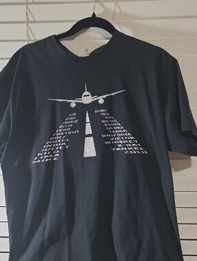 Port and Company Black Tee with White Aviation Runway Graphic